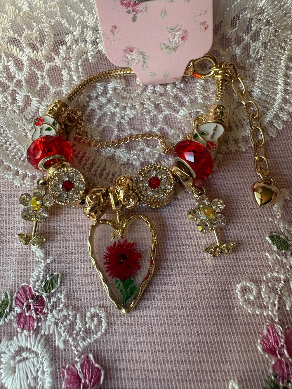Gold Heart Charm Bracelet with Red Floral Pendant